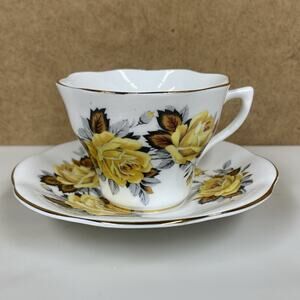Vintage Rosina Bone China Tea Cup & Saucer Set 2 Pc Yellow Roses Gold Trim